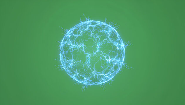 A glowing, intricate blue sphere representing energy or electricity against a green backdrop, ideal for scientific concepts.