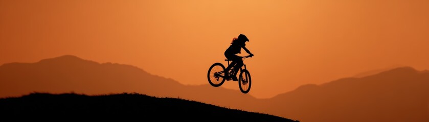 Silhouette of a mountain biker jumping over a ridge du sunset with mountain ranges in the background and mountain landscape emphasizing adventure and outdoor activity