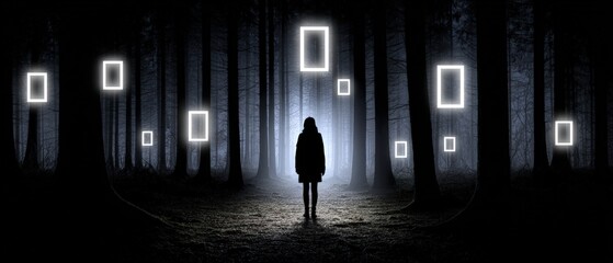 Mysterious silhouetted person standing alone in dark forest illuminated by glowing digital geometric rectangles in futuristic night scene