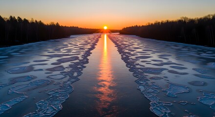 Sunset over frozen river with ice floes and trees on the banks in winter season landscape