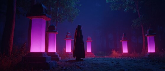 Mysterious figure in dark cloak standing amidst glowing pink illuminated pillars in a foggy forest at night creating a spooky atmosphere