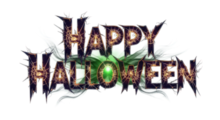 Happy Halloween text with glowing eye and tattered fabric
