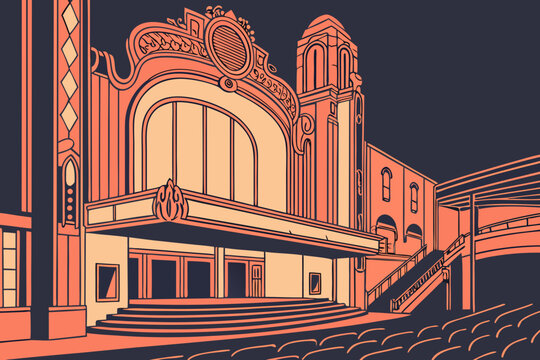 Castro Theatre in San Francisco, California, neon-lit art deco marquee with ornate interior