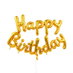 Golden happy birthday foil balloons floating against a stark black background celebrating a special occasion