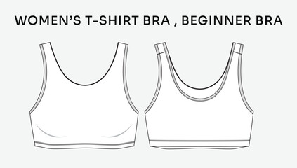 Women t-shirt bra flatsketch. Girl bralette. sports bra technical drawing. beginner bra. fashion technology tech pack. vector editable stroke. perfect for lingerie apparel, pattern making