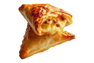 Flaky filled puff pastries pocket with melted cheese oozing out, isolated on white transparent background, concept of Brazil snack