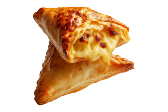 Flaky filled puff pastries pocket with melted cheese oozing out, isolated on white transparent background, concept of Brazil snack