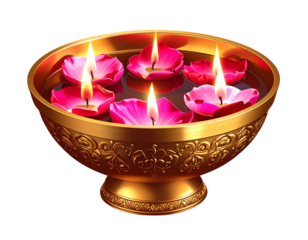 Diwali decoration: lit diyas with rose petals in a golden bowl