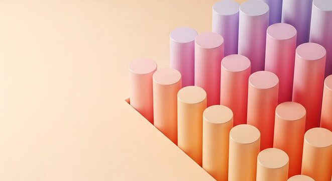 Illustration of a gradient of pastel colored cylinders arranged in a rising bar graph formation
