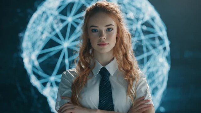 Brainy Visionary: A bright, confident young woman stands before an artistic representation of the brain, reflecting intellect, insight, and the endless possibilities of knowledge. 