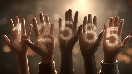 Three hands with dirty skin clasped together tightly.