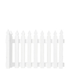 Classic white picket fence section with pointed tops isolated on a solid black background