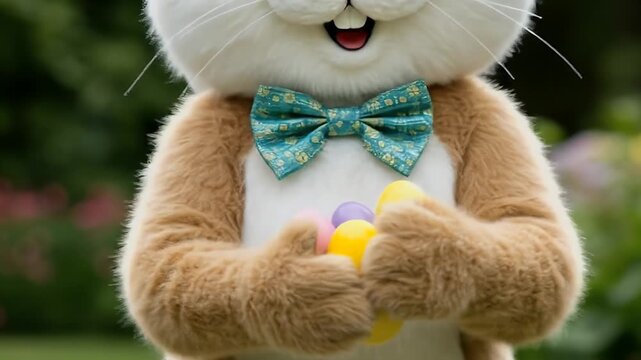 Costumed Easter Bunny Holding Colorful Eggs Against Green Garden Background - Powered by Adobe