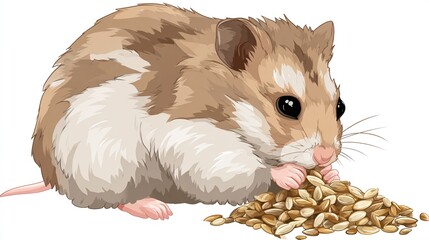 A plump, tan and white hamster with dark eyes sits, happily munching on a pile of small seeds. Its fur is detailed, showing a mix of light and darker shades.  