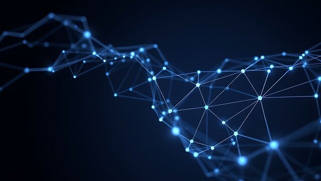 Abstract network of connected nodes and flowing lines in blue and silver on a dark background.