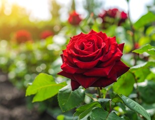 Close-up of a vibrant red rose in a garden