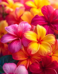 Fototapeta premium Close-up of blooming tropical flowers with intense pink, red and yellow petals