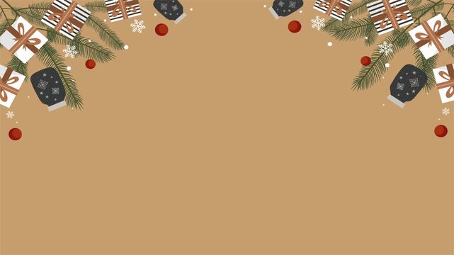 Beige background with Christmas gifts pine cones and decorations
