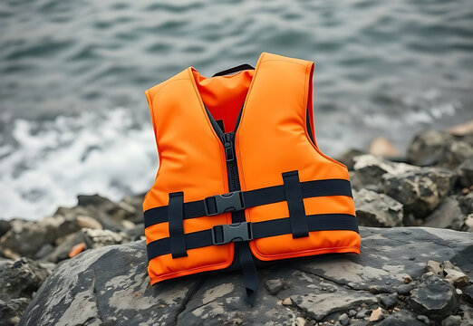An orange helmet and goggles resting on the sand of a beach with the ocean and a boat in the summer sky