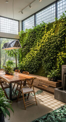 A harmonious indoor-outdoor dining space showcasing a stunning living green wall, a rustic wooden dining table, and a minimalist design.