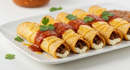 柔らかな光が優しく照らす食卓で美しく並べられた肉とクリーミーなフィリングが詰まった風味豊かなロール料理 鮮やかな赤ソースと新鮮なコリアンダーが食欲をそそる. AI Generated