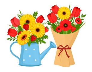 Vibrant floral arrangements in a watering can and bouquet