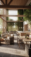 Fototapeta premium A stunning interior design showcasing an airy living space that seamlessly blends indoor and outdoor elements, creating a harmonious oasis of nature and luxury. The open-plan layout.