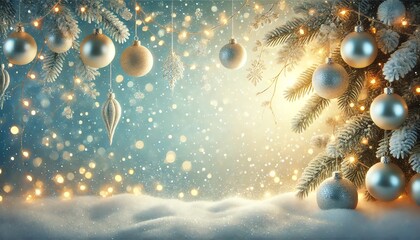 A dreamy winter background with a gradient of cool blue tones fading into white at the bottom, enhanced with softly twinkling fairy lights