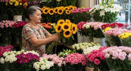 温かい自然光が降り注ぐ賑やかな花屋で優しい女性が数えきれないほどの咲き誇るひまわりと色とりどりのバラを丁寧に束ねる活気ある日常の風景. AI Generated