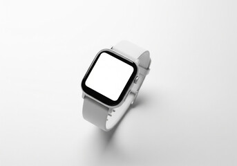 Modern white smartwatch with a blank screen for mockup, isolated on a white background. Concept of wearable technology and connectivity