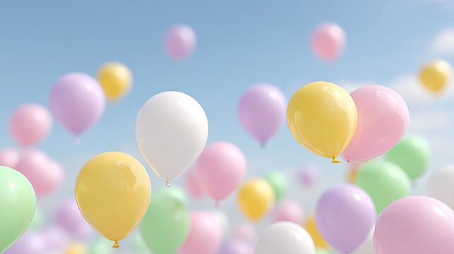 Pastel Balloons Floating in a Soft Blue Sky Cinematic View - Powered by Adobe