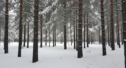 A tranquil winter scene of snowcovered pine trees in a forest, showcasing the beauty and serenity of nature in winter
