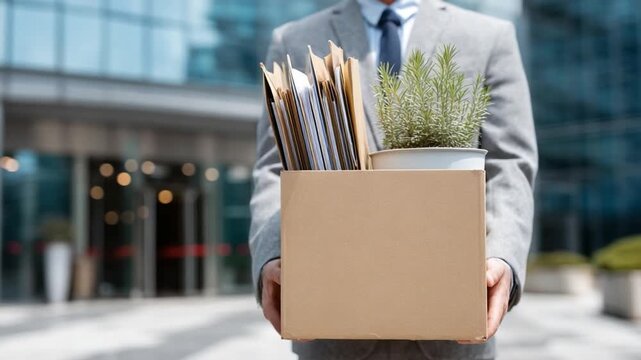Job Loss Reflection: A dejected individual carries a box of personal belongings, symbolizing the end of their tenure.
