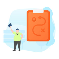 Coaching Tactic on Clip Board with Arrow Diagram and Coach Raising Hand Against Light Blue Background