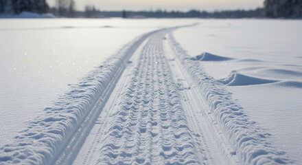 A closeup of snowmobile tracks in the snow, showcasing the texture and pattern of the tire marks on a bright, winter day