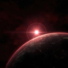 Obraz premium Earth From Space at Sunrise with Red Sunlight, Atmospheric Glow and Starry Sky. Cosmic, Astronomical and Planetary Exploration Concept.