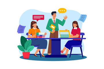 Collaborative Office Meeting with Three Figures at a Table with Documents and Speech Bubbles on a Transparent Background