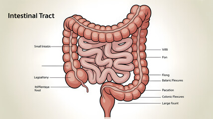 Human Intestinal Tract Anatomy Educational Illustration with Labeled Small and Large Intestines on White Background