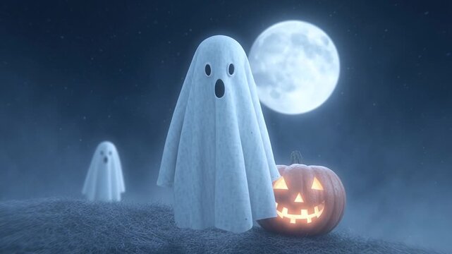 halloween cute cartoon ghost on a moonlight background with pumpkin,halloween ghost Floating in the moonlight,spooky halloween night