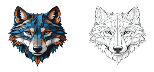 Wolf heads illustration with one colored detailed design and one black and white outline