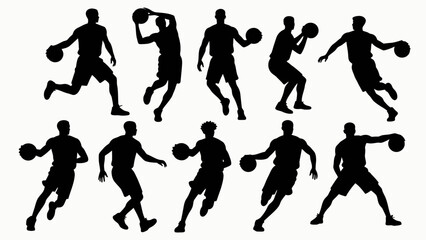 Silhouettes of basketball players' body movements, a collection of vector illustrations