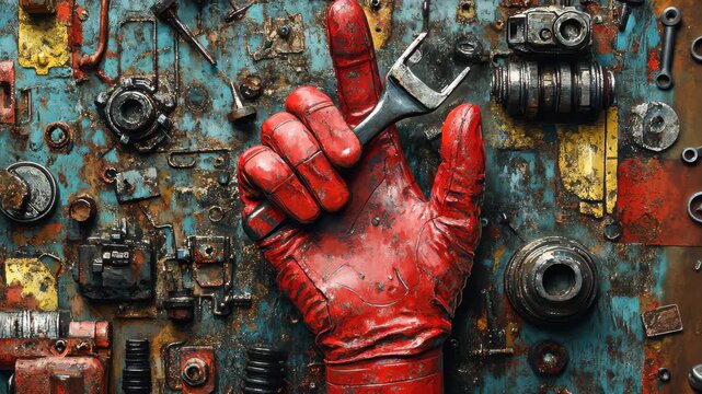 Red gloved hand holds wrench against a backdrop of vintage tools in various shapes and sizes