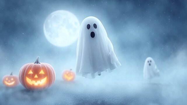 halloween cute cartoon ghost on a moonlight background with pumpkin,halloween ghost Floating in the moonlight,spooky halloween night,halloween pumpkin and ghost