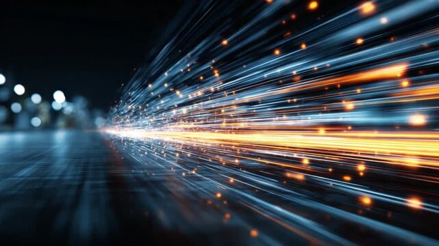 Dynamic Energy Trail: Abstract, capturing the energy of a moving train in motion, the photo showcases glowing light streaks and particles against a dark background. Emphasizing speed and dynamism. 