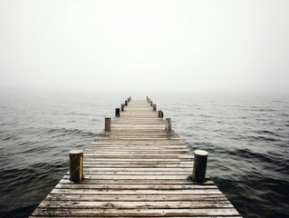 Obraz premium A weathered wooden pier stretches into a misty ocean disappea into the distance, creating a serene and mysterious seascape scene today.