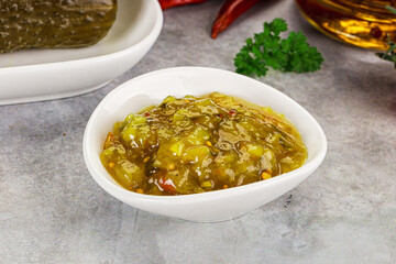 Souce gherkin relish with marinated cucumbers