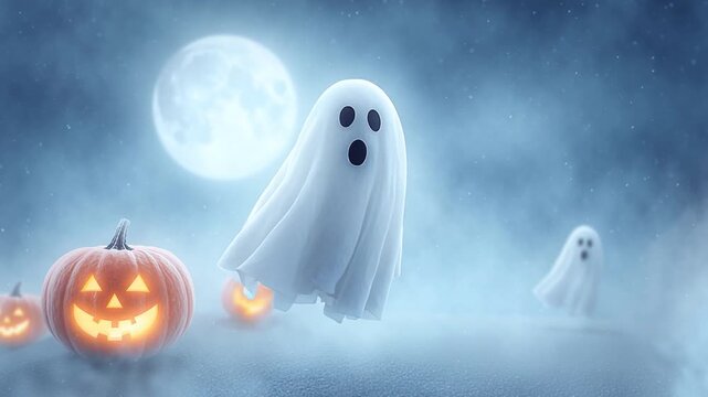 halloween cute cartoon ghost on a moonlight background with pumpkin,halloween ghost Floating in the moonlight,spooky halloween night,halloween pumpkin and ghost