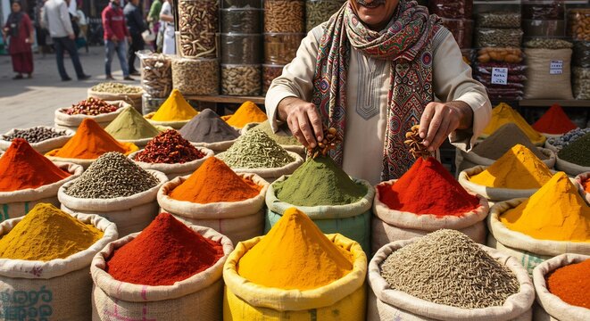 温かい自然光が豊かに降り注ぐ活気あふれる屋外市場で熟練の店主が山積みされた色とりどりの香辛料をひとつひとつ丁寧に整える異国情緒あふれる魅力的な光景. AI Generated