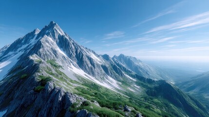 Snowy Mountain Peaks Under Clear Blue Sky with Green Forest Landscape Scenery Nature Majestic Mountainous Terrain Drone Flying Adventure Destination