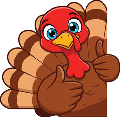 Thanksgiving turkey cartoon, cheerful bird, thumbs up, festive character, autumn mascot, red head, brown feathers, smiling face, holiday icon, isolated
